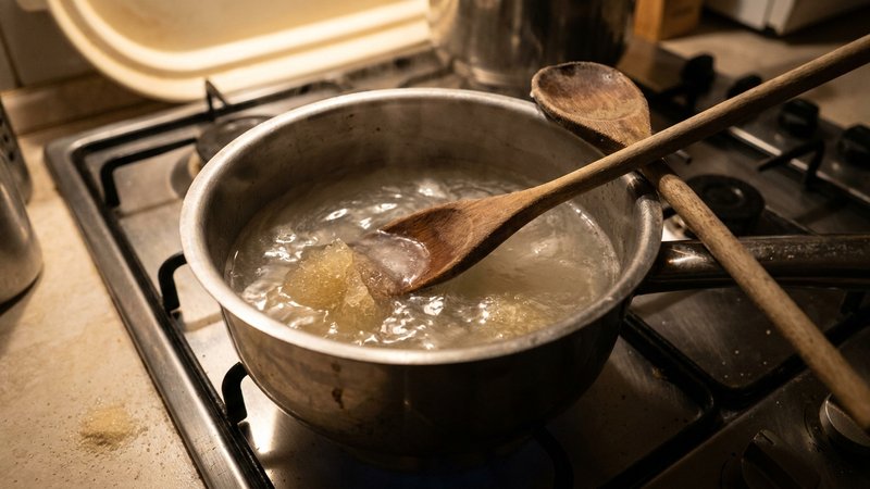 gelatina en polvo disolviéndose en agua dentro de una cacerola