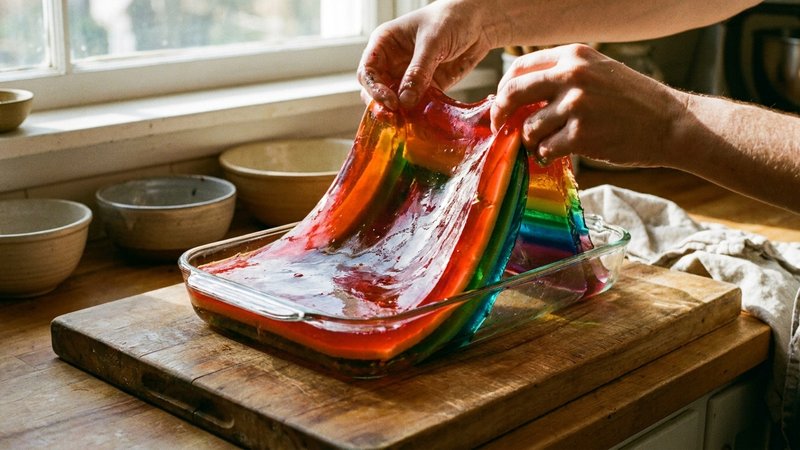 lámina de gelatina firme siendo desmoldada sobre una tabla