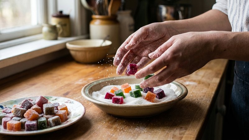 gomitas siendo rebozadas en azúcar