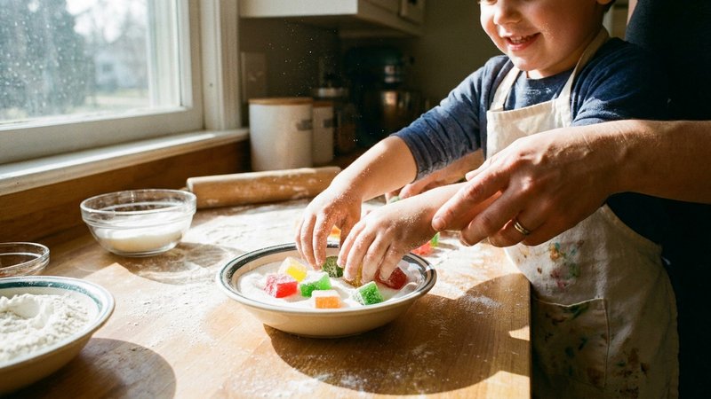 niño ayudando a preparar gomitas caseras en la cocina