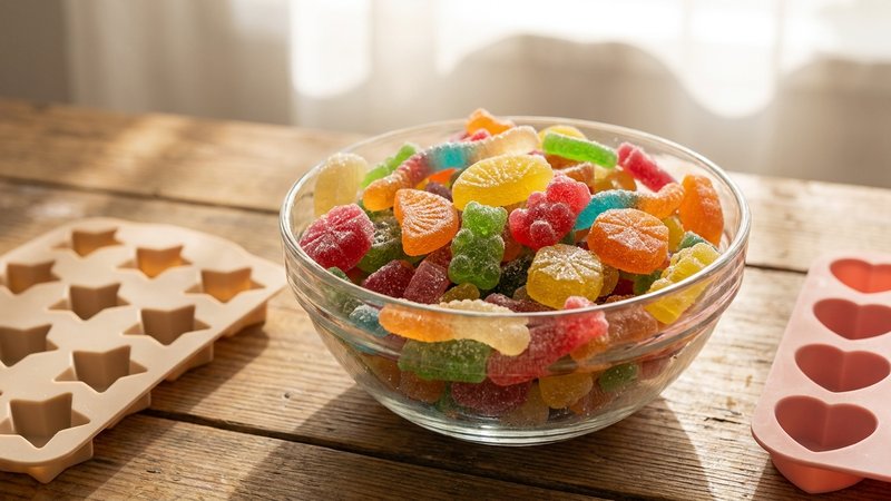 gomitas caseras de distintos colores y sabores en un tazón