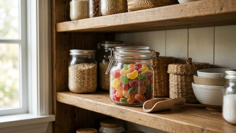 frasco con gomitas caseras guardadas en la alacena