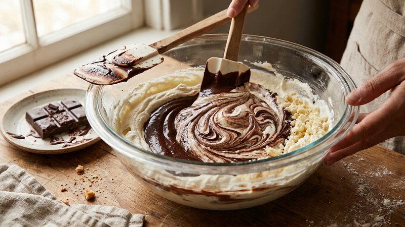 espátula de silicona mezclando crema montada con chocolate de forma envolvente