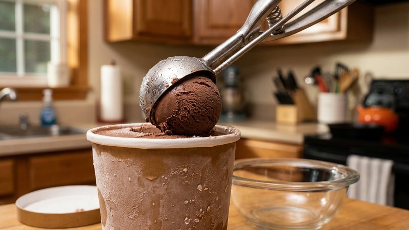 formando una bola de helado de chocolate con una cuchara