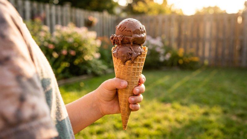 niño sosteniendo un cono de helado de chocolate en el jardín