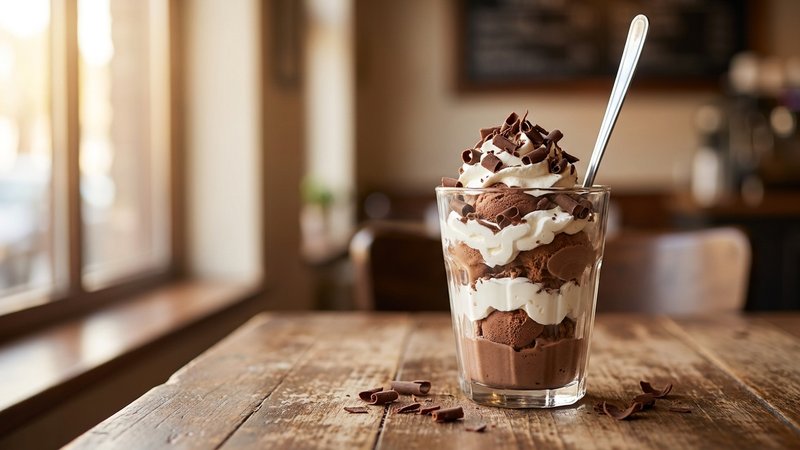 copa de helado de chocolate decorada con virutas