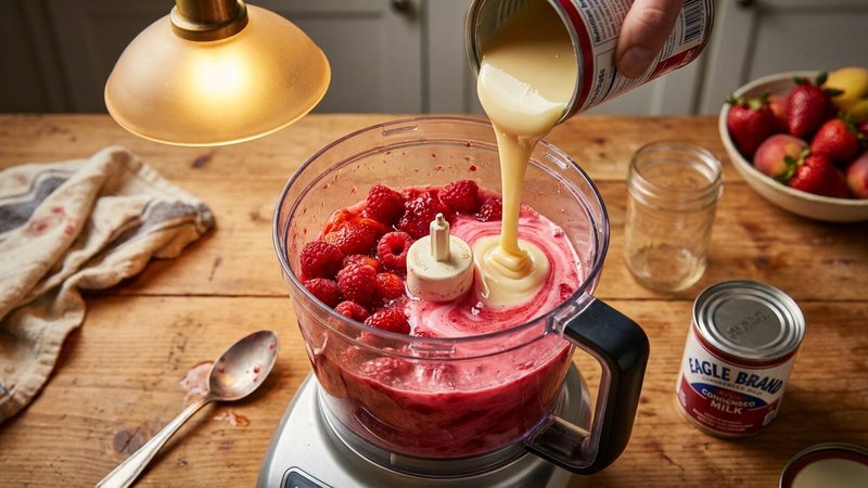 leche condensada agregada a los frutos rojos triturados