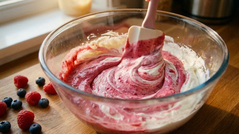 crema montada mezclándose con puré de frutos rojos de forma envolvente