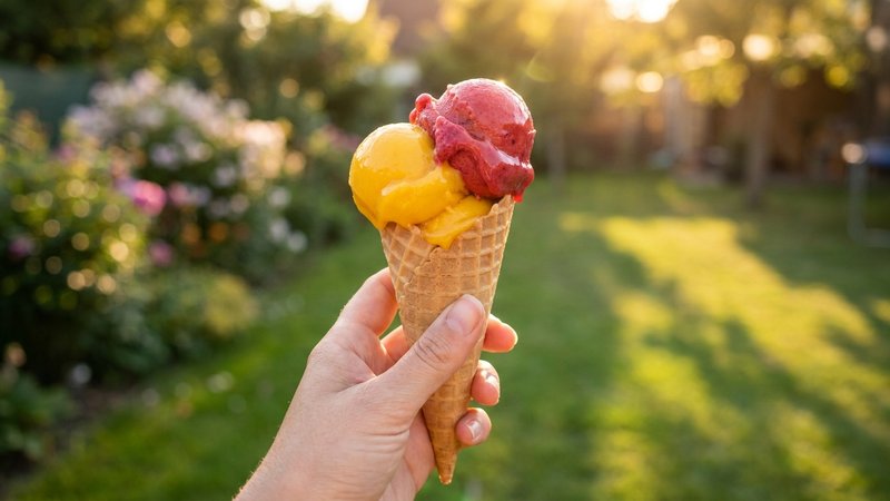 cono de helado de frutas en un jardín de verano