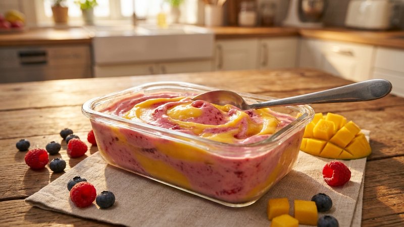 helado de frutas en capas de dos colores