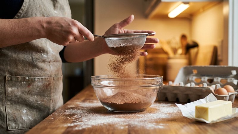 cerniendo harina y cacao en polvo para el bizcocho
