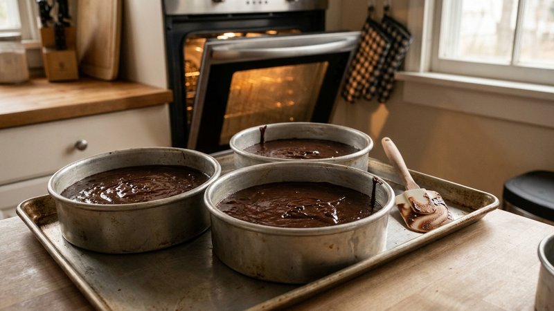 tres moldes redondos con mezcla de bizcocho de chocolate listos para hornear