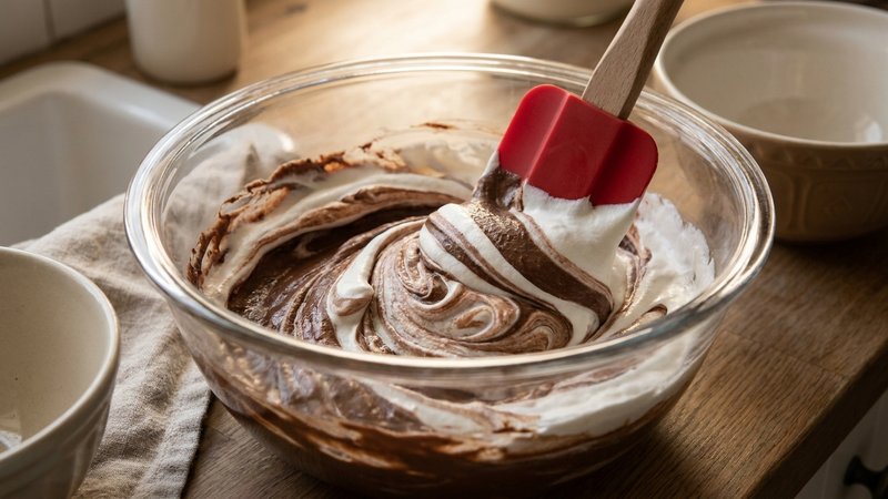 queso crema mezclado con chocolate derretido formando un relleno espeso