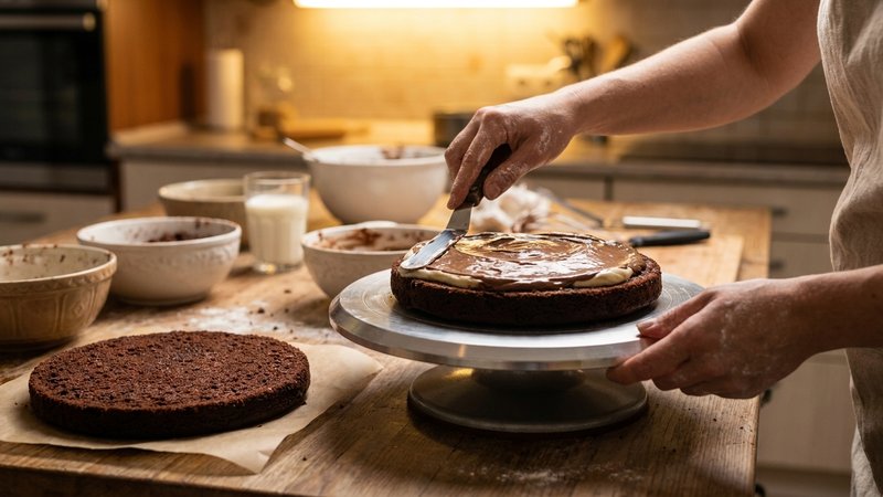pastel de chocolate de tres capas siendo cubierto con relleno cremoso