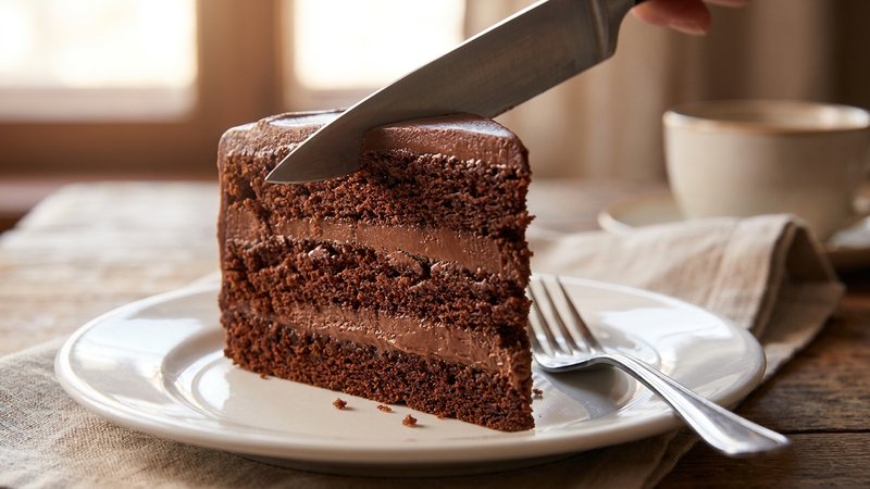 rebanada de pastel de chocolate mostrando capas de relleno
