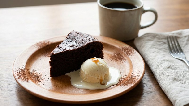 rebanada de pastel de chocolate con helado de vainilla
