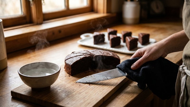 cuchillo caliente cortando una rebanada de pastel de chocolate