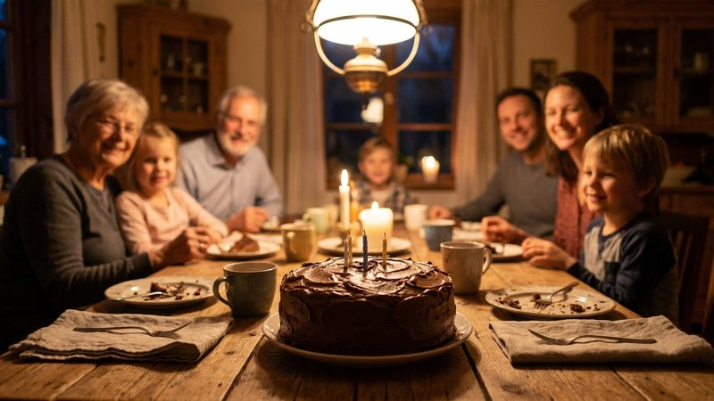 familia compartiendo un pastel de chocolate en la mesa