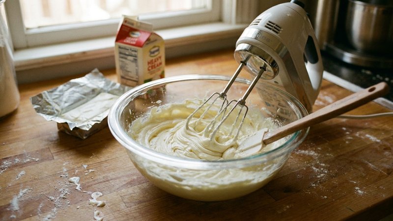 batidora eléctrica montando una crema espesa de queso crema