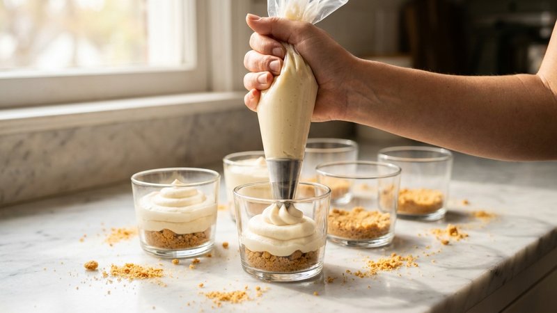manga pastelera rellenando vasitos con crema de queso