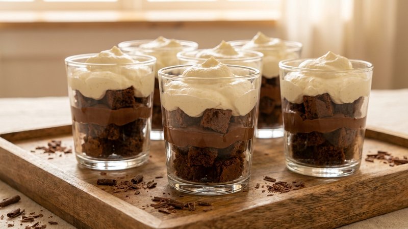 vasitos de postre con capas de brownie y chocolate