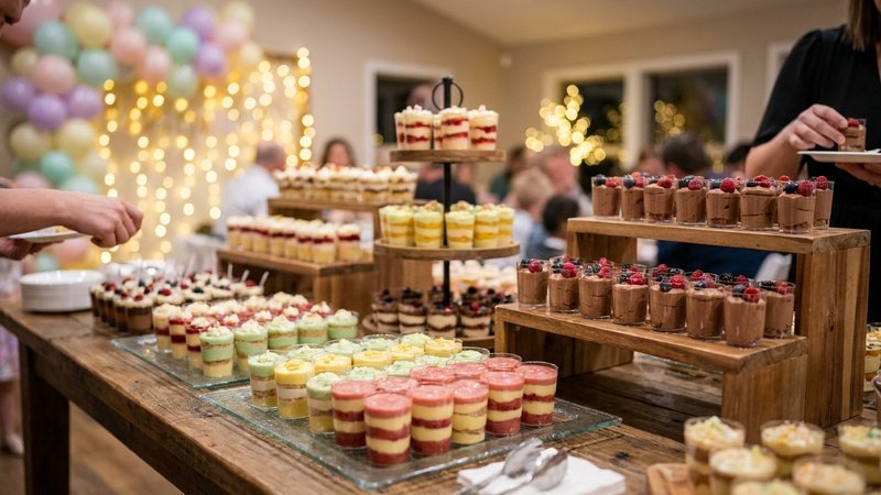 mesa de postres para una fiesta con varios vasitos