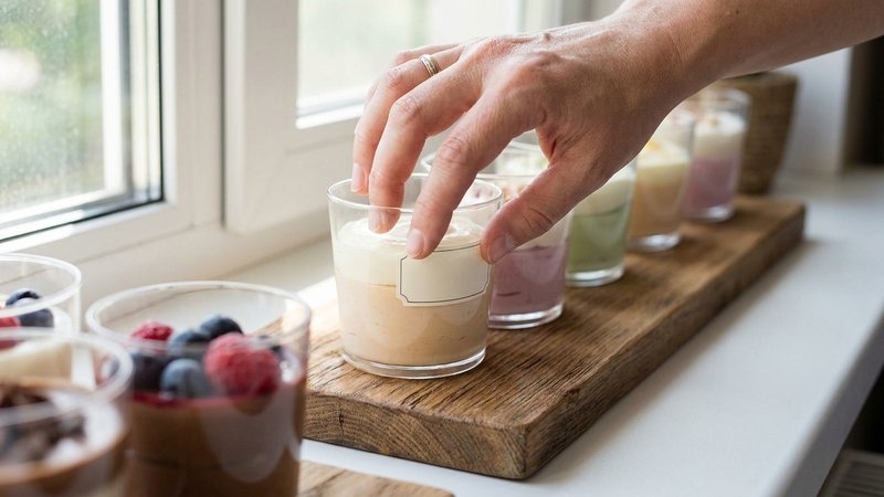 etiquetando vasitos de postre según su sabor