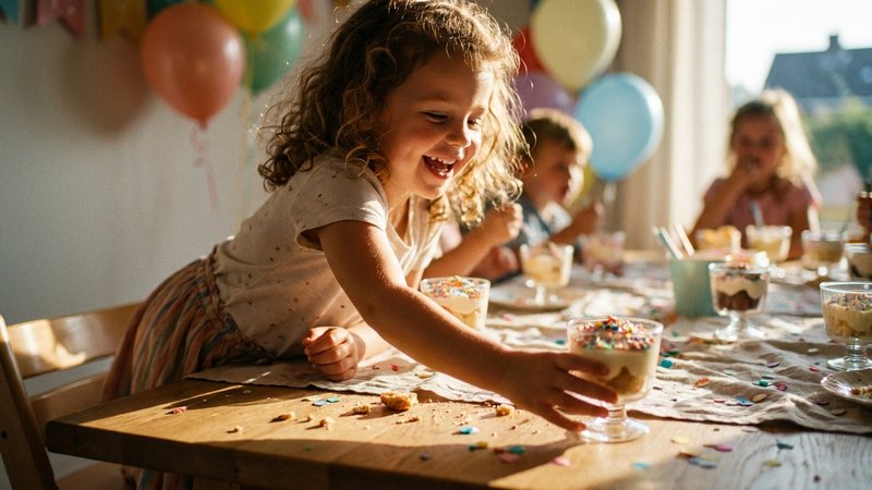 niña tomando un vasito de postre en una fiesta infantil