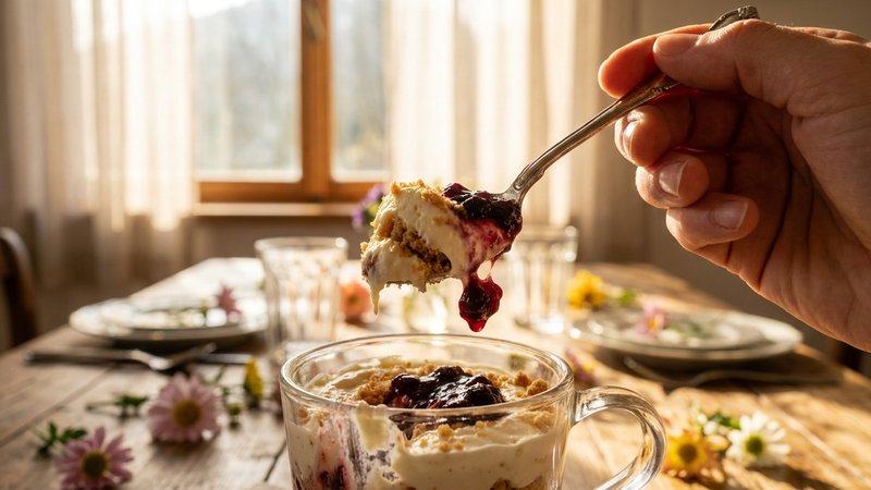 cuchara levantando una porción de postre de vasito