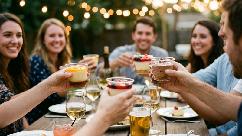 amigos compartiendo vasitos de postre en una reunión