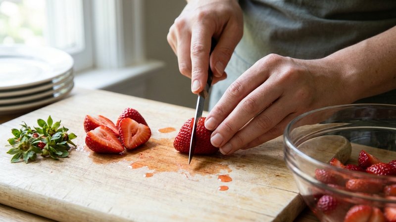 cortando fresas frescas en una tabla de madera