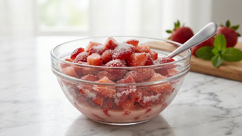 fresas cortadas macerando con azúcar en un tazón de vidrio