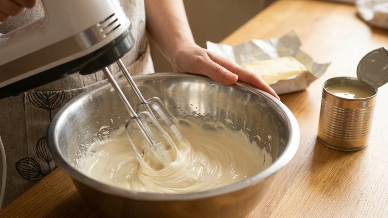 batiendo queso crema hasta que quede suave