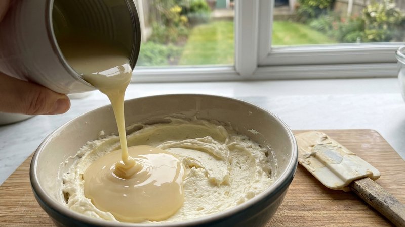 leche condensada siendo vertida sobre queso crema batido