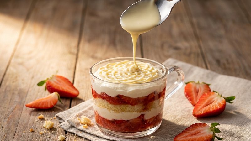 chocolate blanco derretido cayendo en hilo sobre un postre de fresa