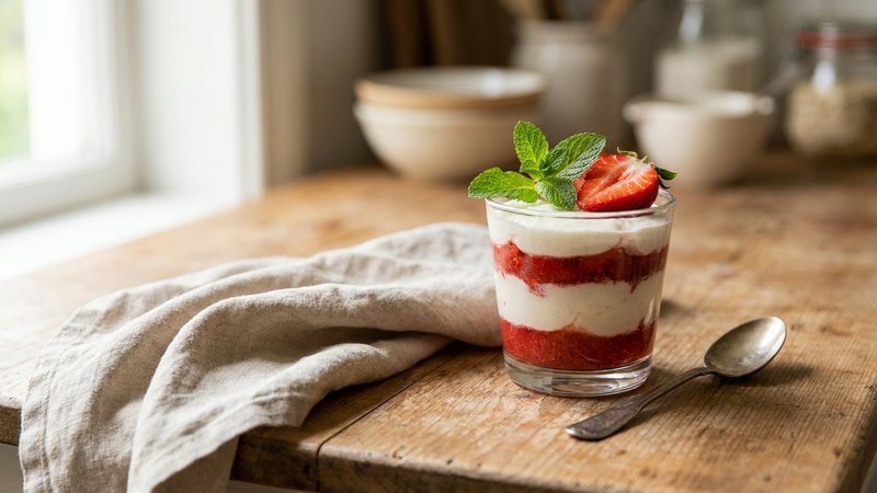 postre de fresa decorado con hoja de menta