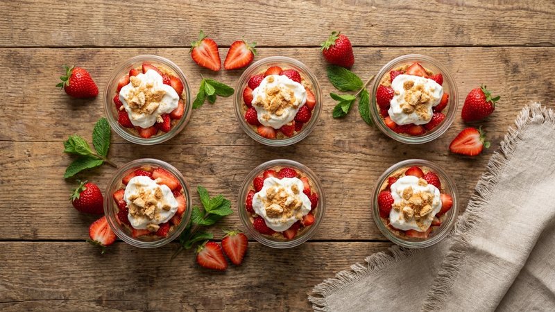 vista superior de varios vasitos de postre de fresa en una mesa