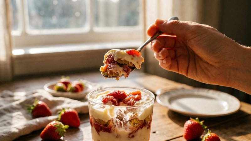 cuchara levantando una porción de postre de fresa